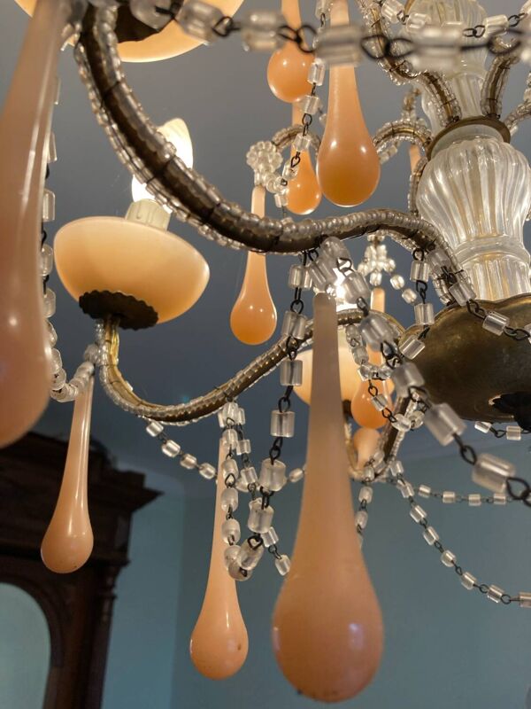Superbe lustre ancien laiton/ verre/ opaline murano