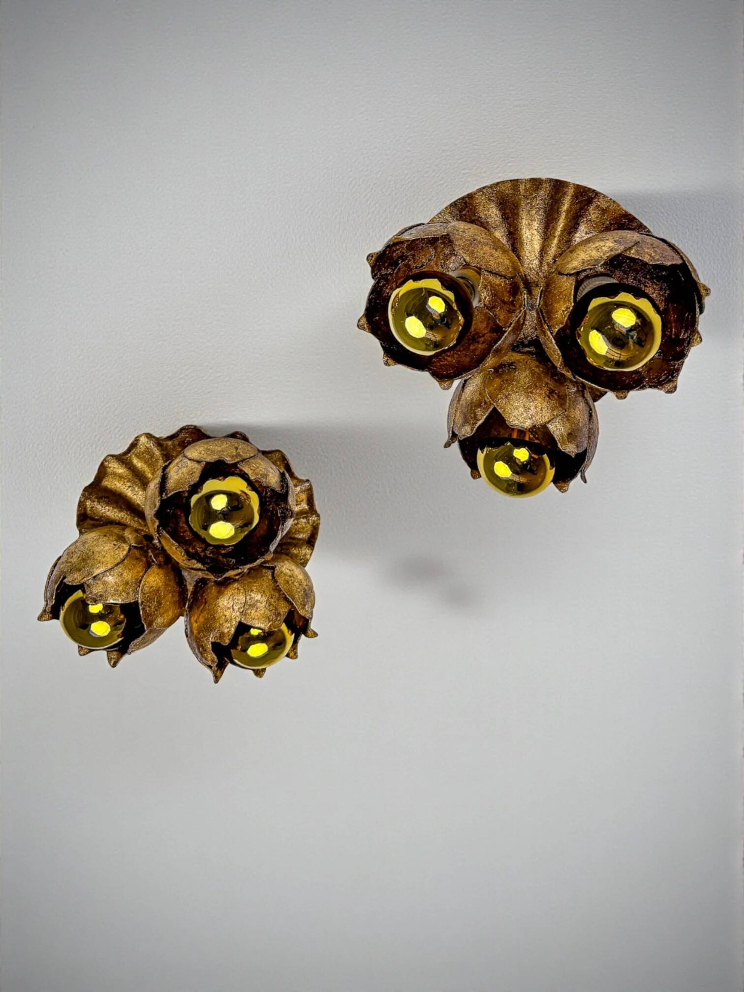 French floral bouquet three-light ceiling or wall light, gilt iron, 1940s