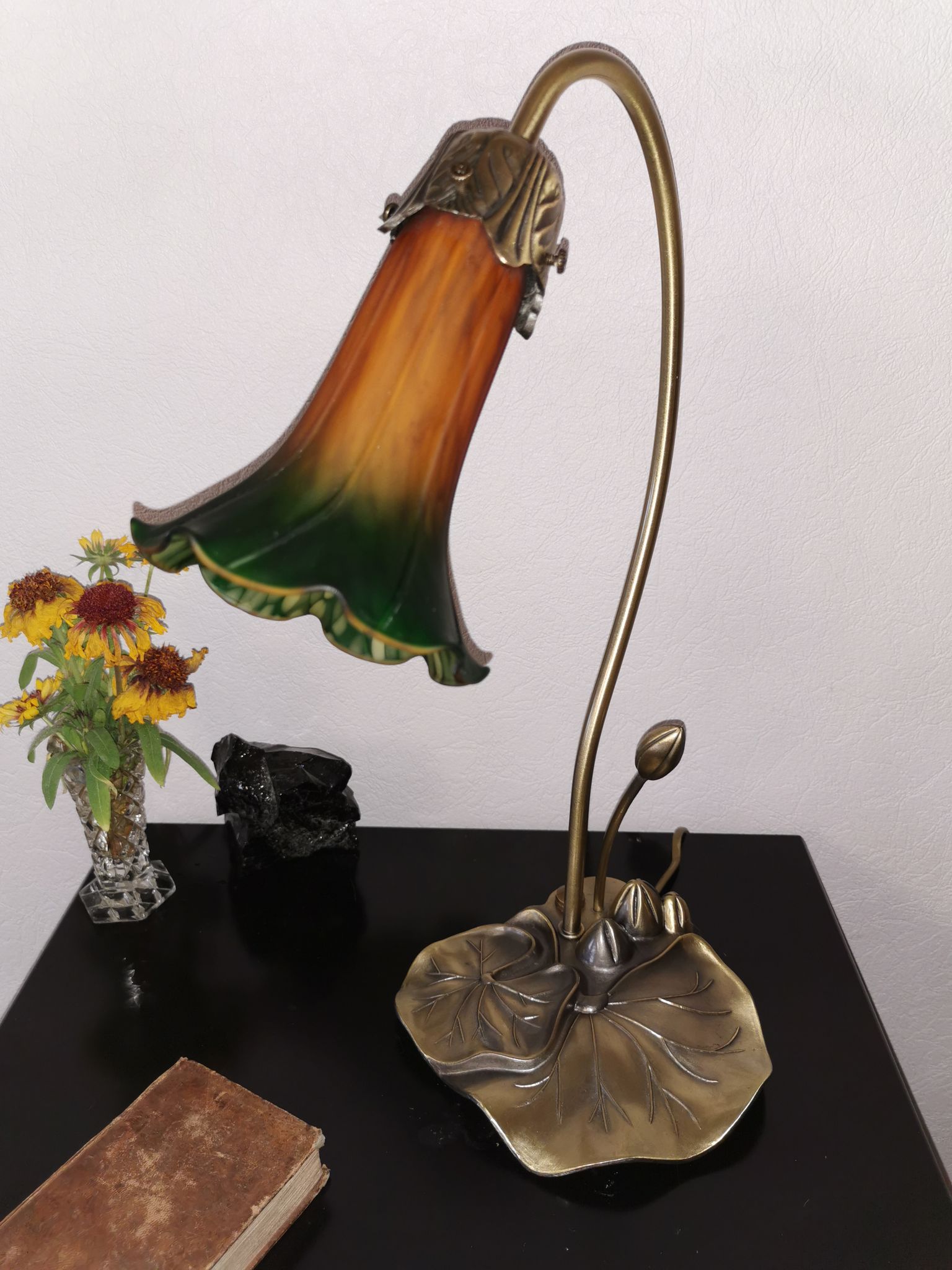 Brass water lily lamp and glass paste, art nouveau style.