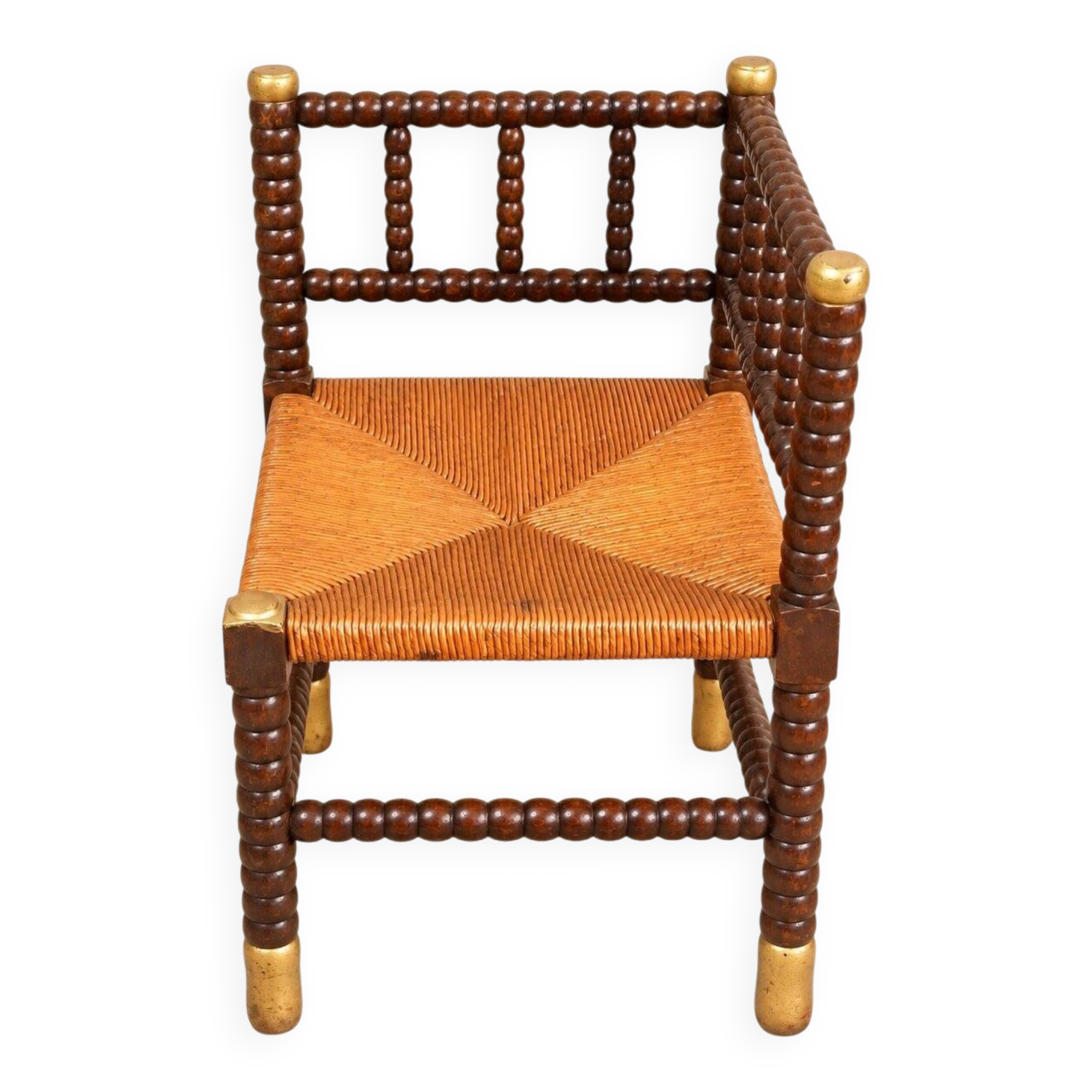 Fireplace corner chair in Louis XIII style, turned wood with braided rush, 19th century.