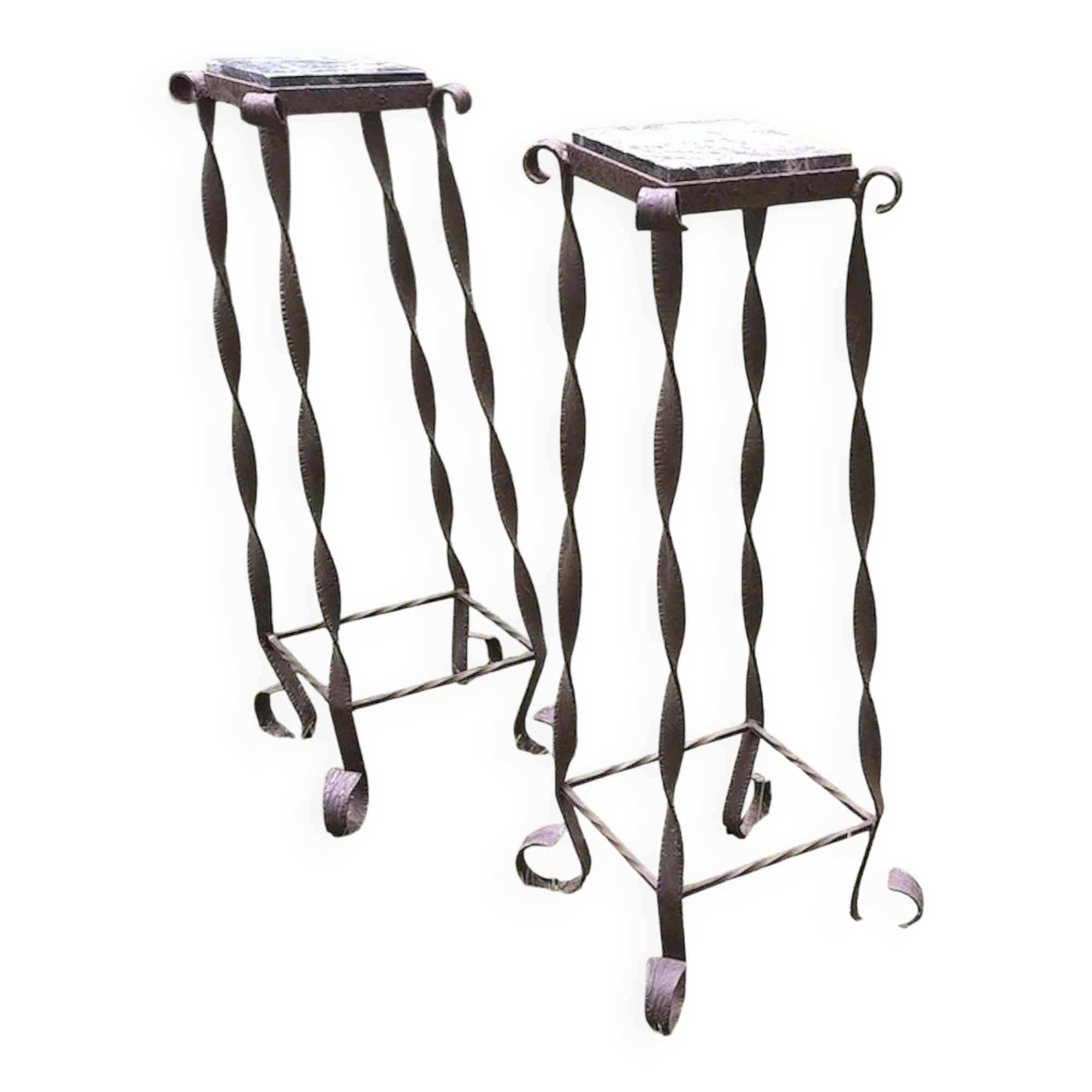 Pair of Brutalist patinated iron and veined marble columns, 1960s