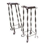 Pair of Brutalist patinated iron and veined marble columns, 1960s