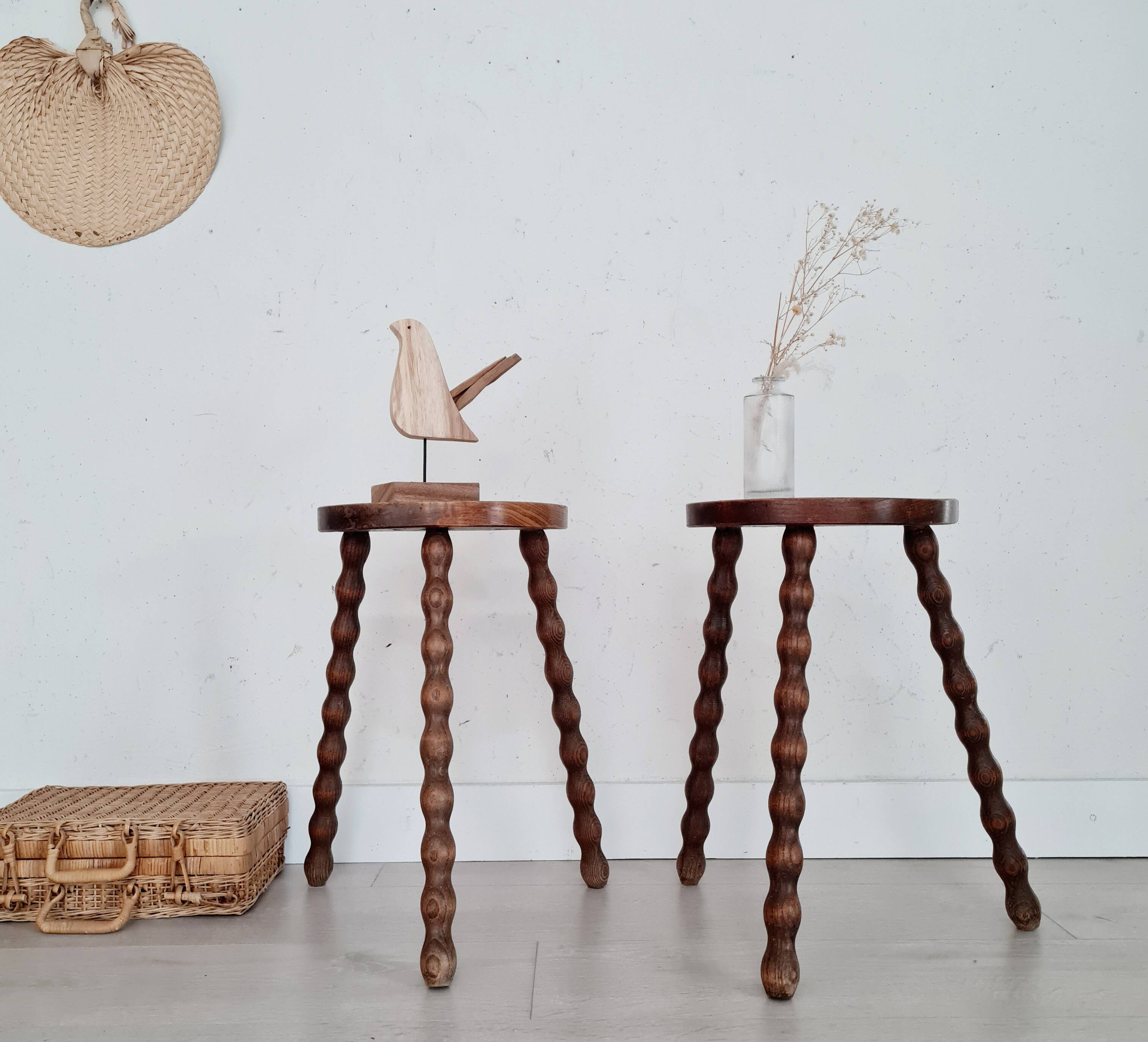 Pair of old wooden tripod stools