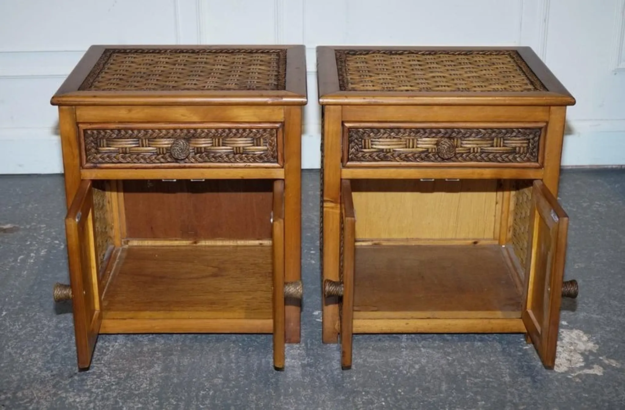 Tables de Chevet Vintage en Rotin avec Tiroir, Set de 2