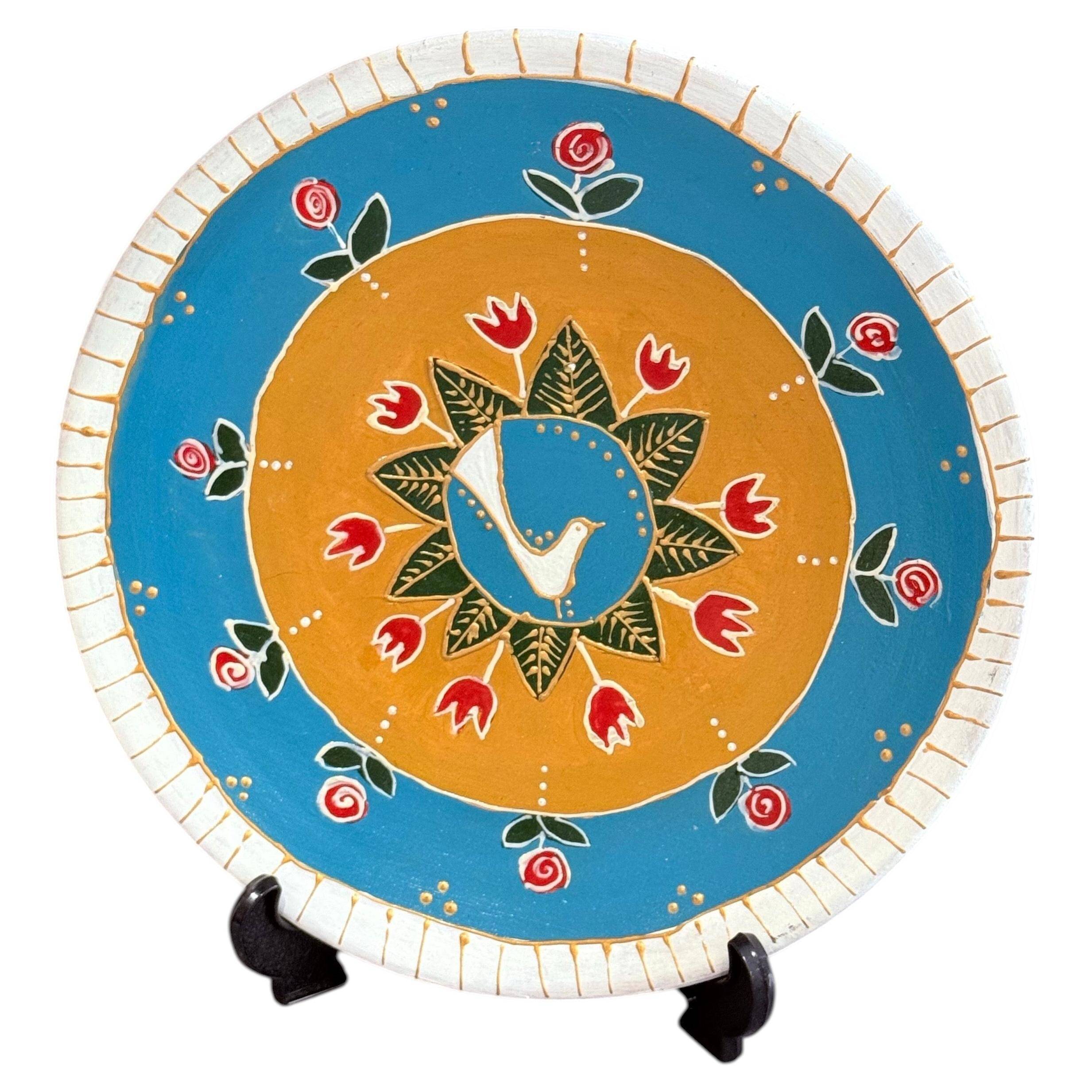 Hand-Painted Wall Decorative Ceramic Plate with Dove & Floral Folk Art Design