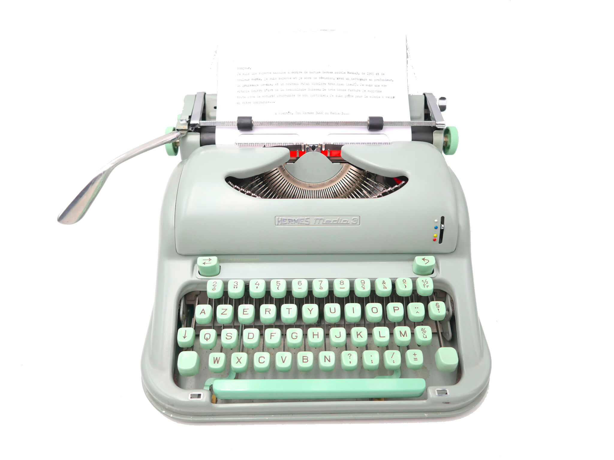 Hermes 3000 Green Typewriter Revised with New Ribbon