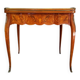 Game table Louis XV style, Napoleon III period (bronze fall and bronze belt, marqueteri