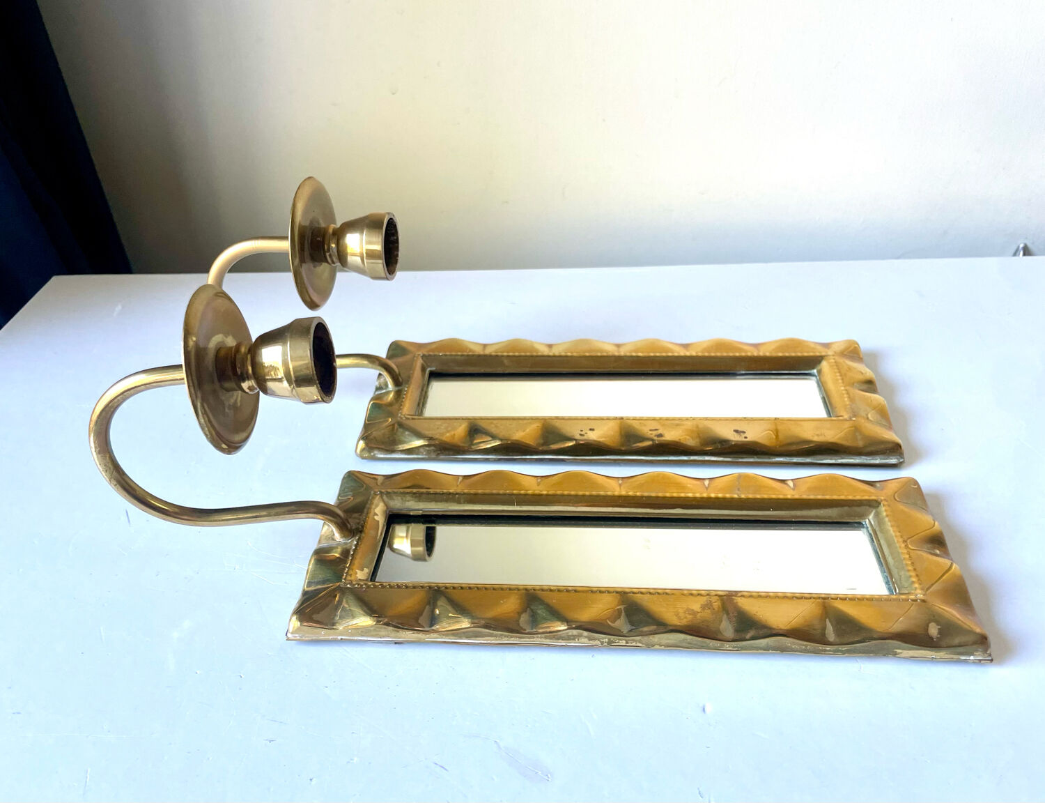 Pair of art deco vintage brass wall candle holders sconces