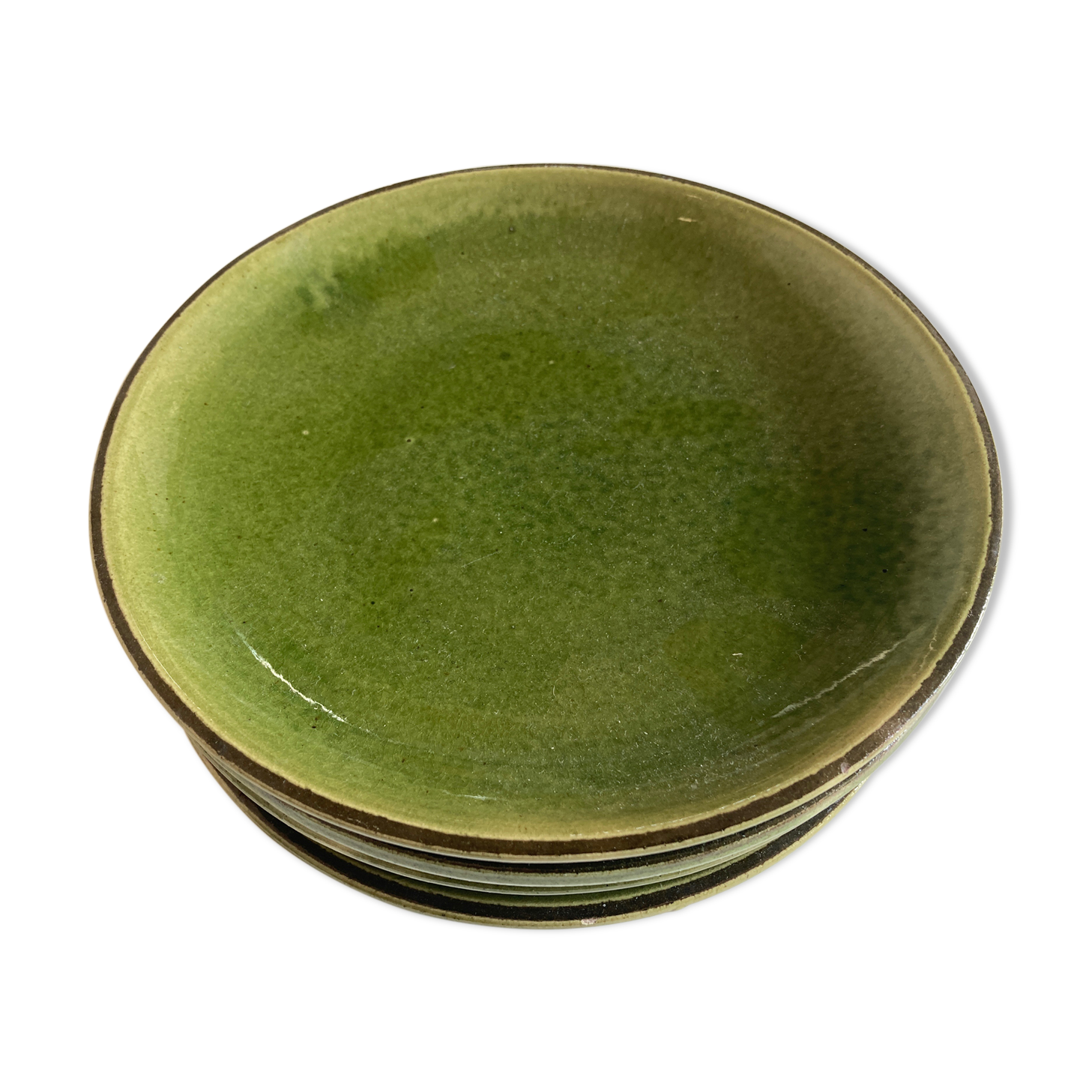 Set 5 plates flat caps dessert in green glazed earth 1960