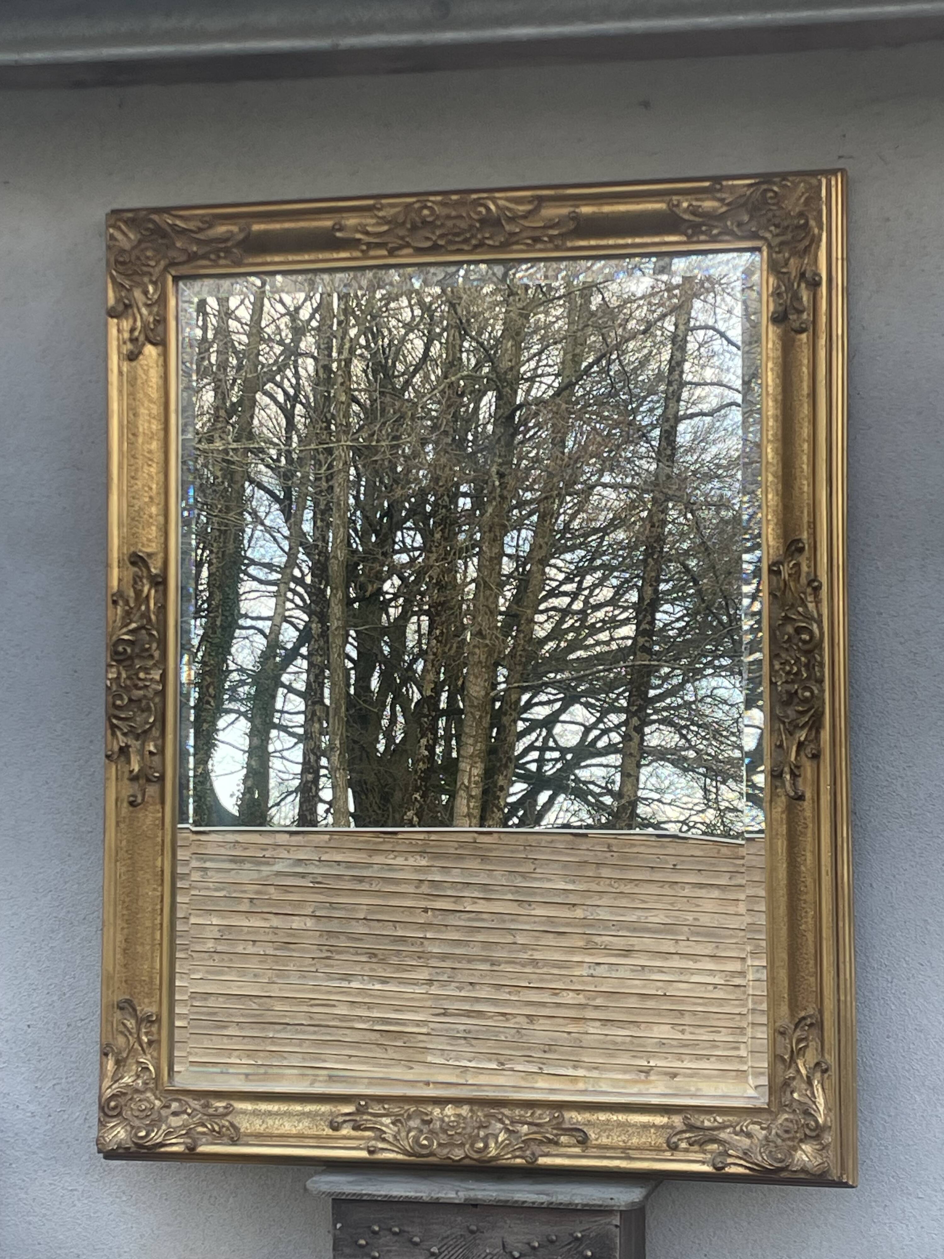 vintage bevelled mirror in rectangular shape, stucco and gilded wood in Louis XV baroque style