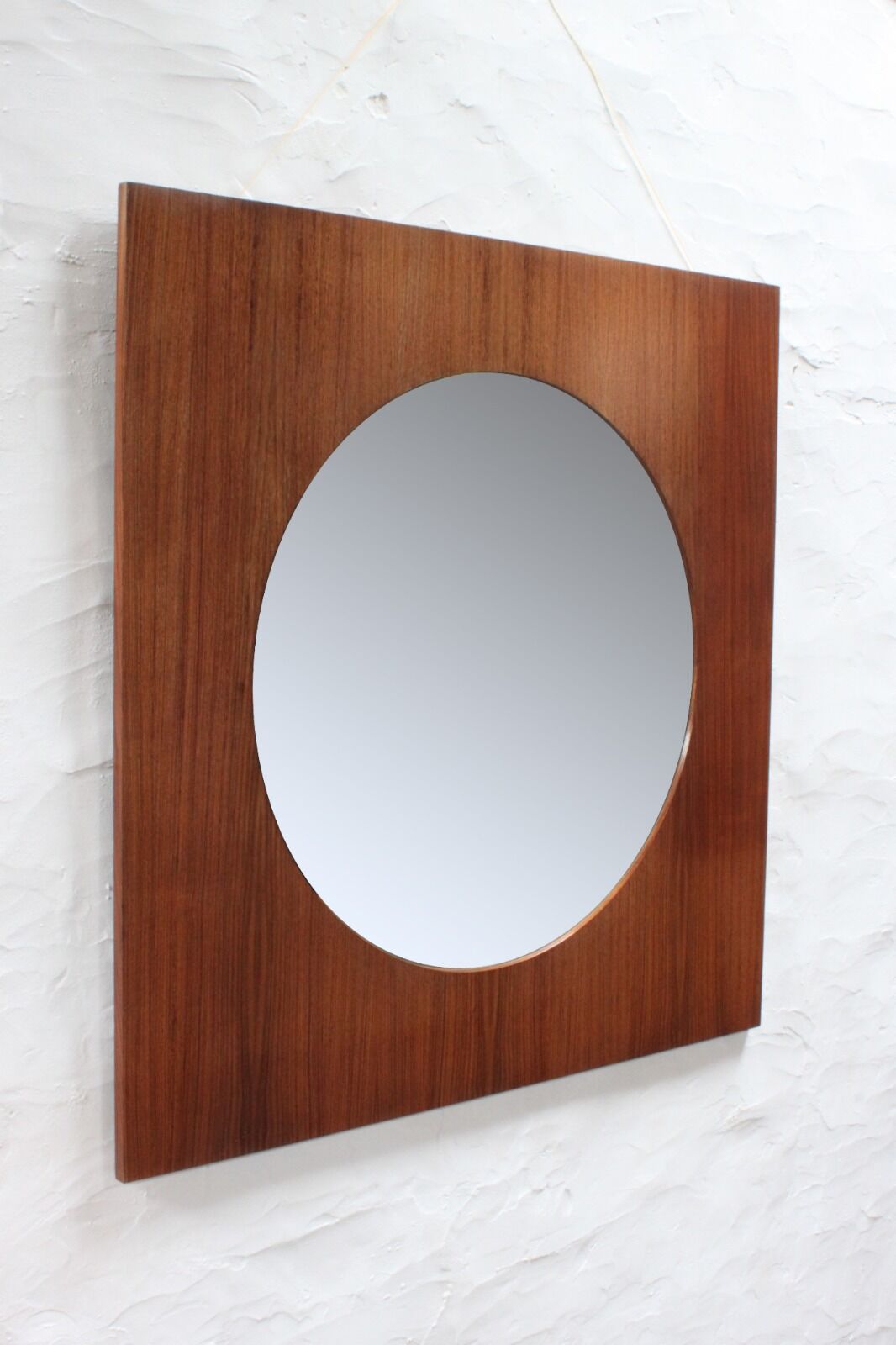 Large teak wooden mirror, round with a square frame, 1960s.