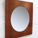 Large teak wooden mirror, round with a square frame, 1960s.