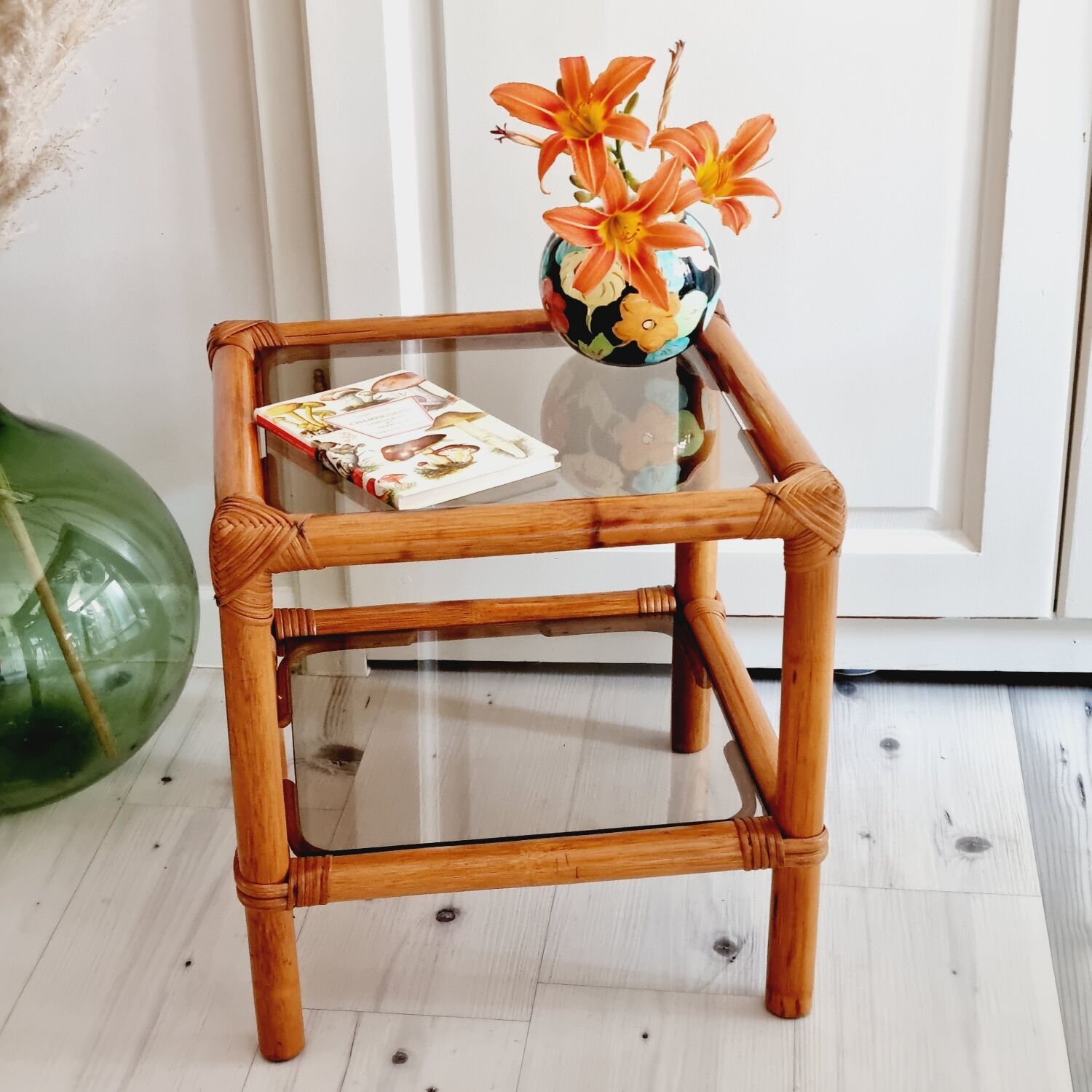 Rattan and smoked glass table