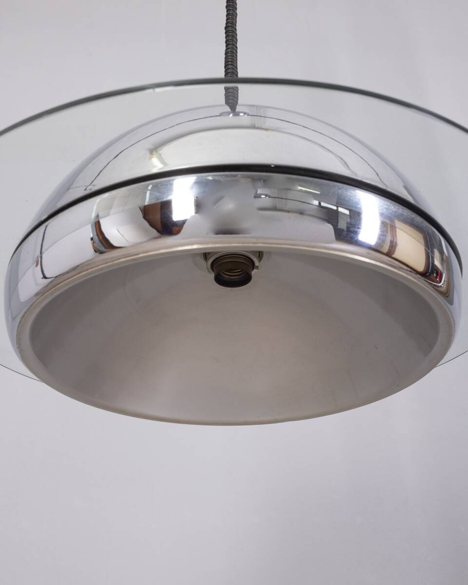 VINTAGE 1970S CHANDELIER IN CHROME-PLATED METAL AND GLASS, ITALIAN DESIGN