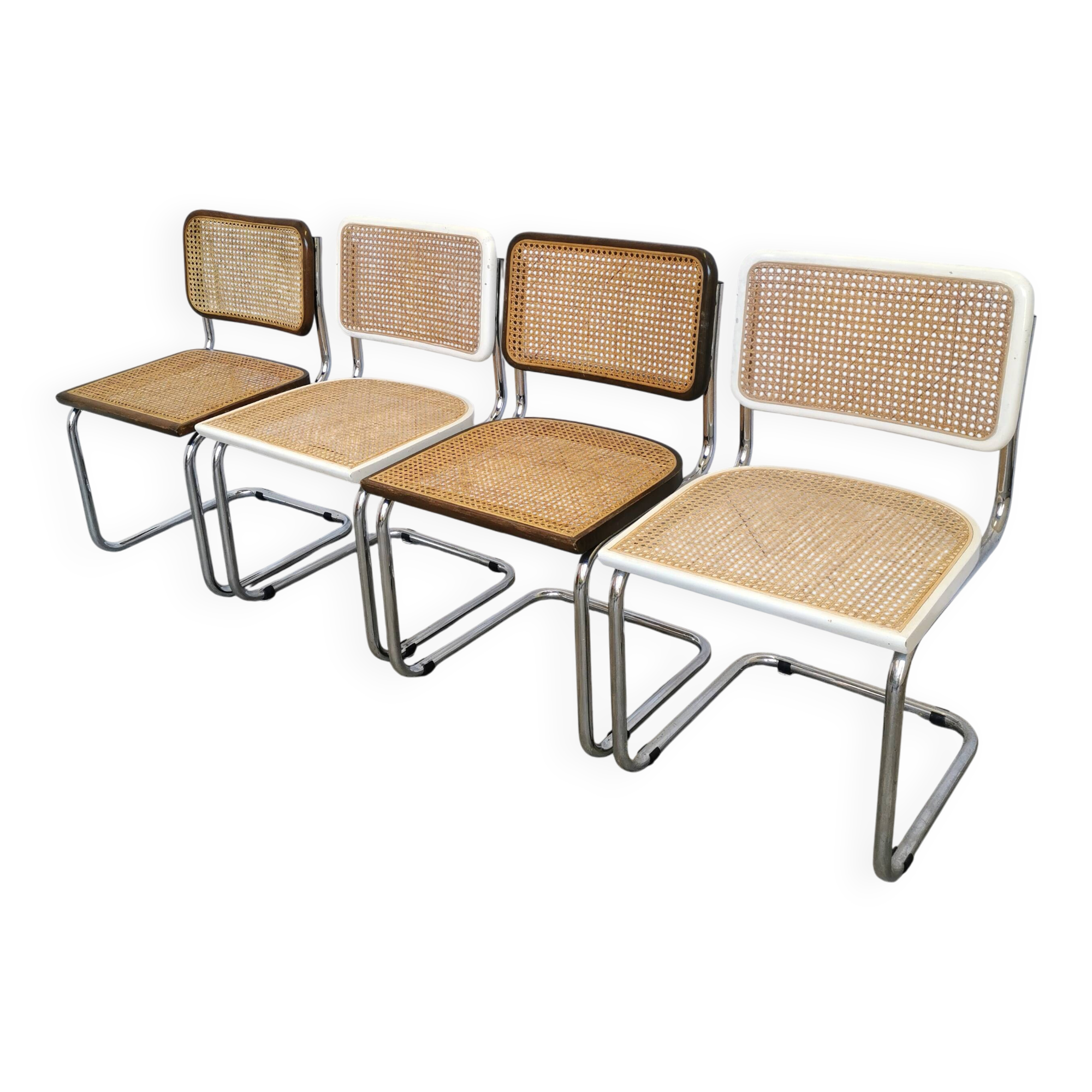Set of 4 vintage cesca dining chairs / 2 brown 2 white / cane seat mid-century