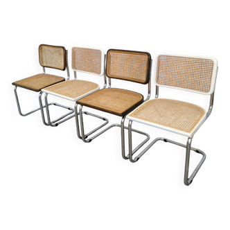 Ensemble de 4 chaises de salle à manger vintage Cesca / 2 marron, 2 blanches / Assise en rotin, milieu du siècle