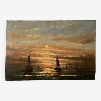 Peinture à l'huile « Coucher de soleil sur l'eau » de Venise