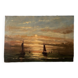 Peinture à l'huile « Coucher de soleil sur l'eau » de Venise