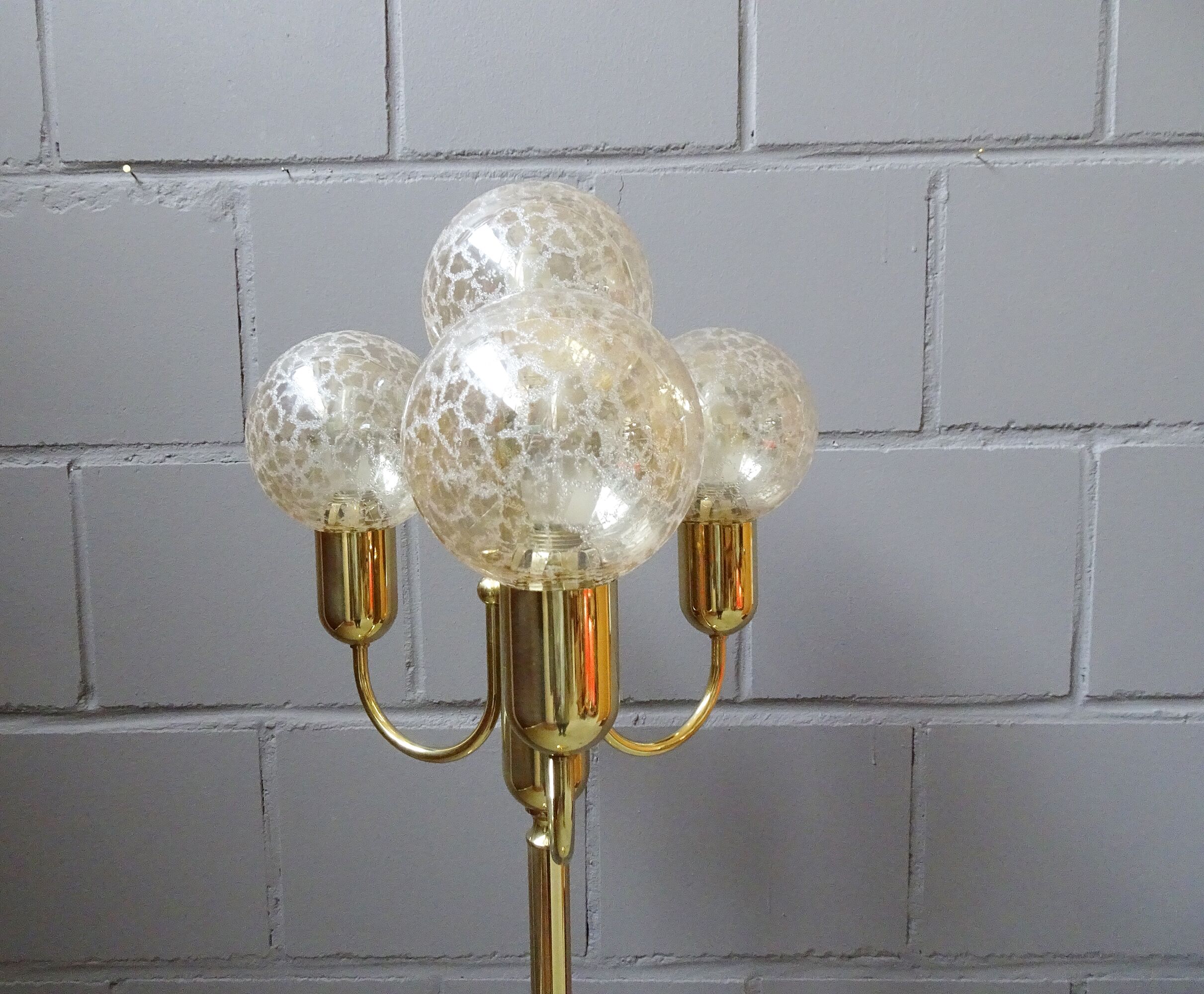 large golden floor lamp by Sölken Leuchten with four glass spheres, Mid Century floor lamp