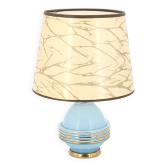 Pale blue and gold glass lamp, beige lampshade, 1940s