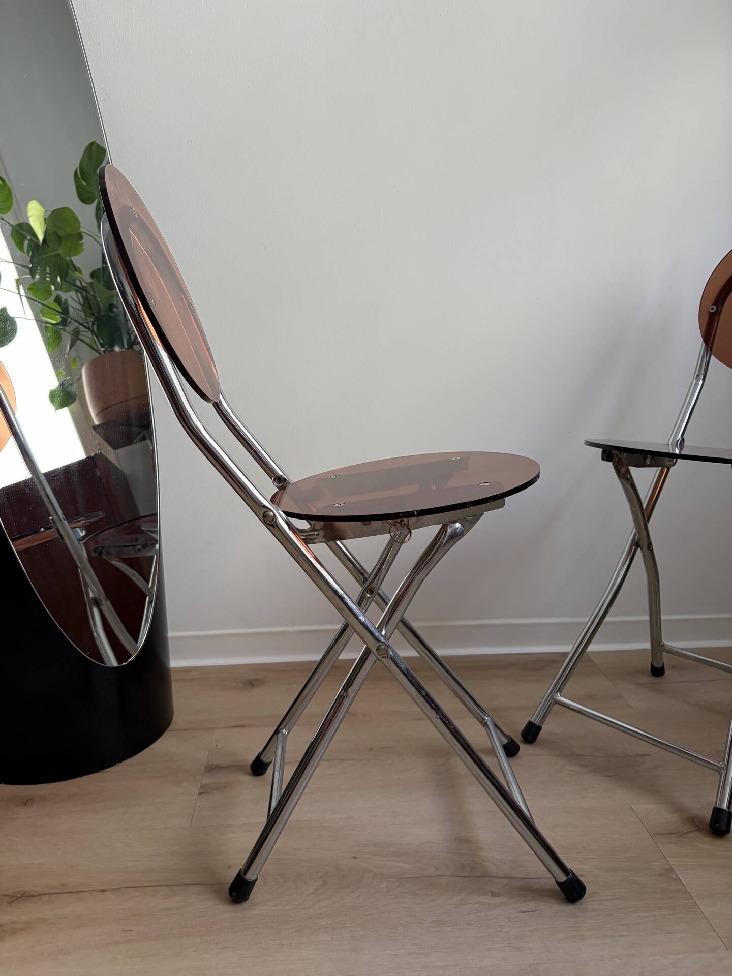 2 folding chairs Space Age plexiglass/steel round back/seat 1980s