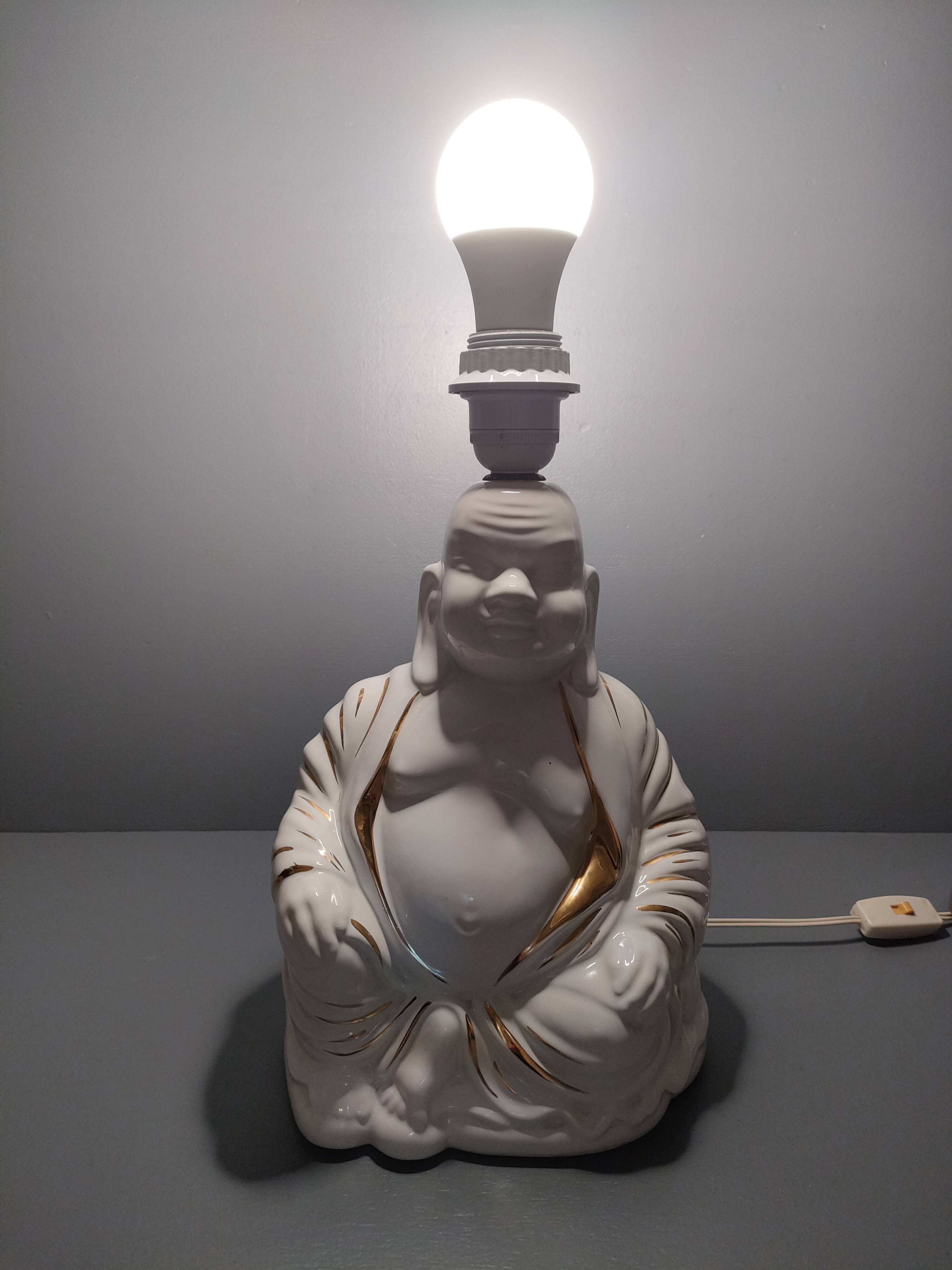 Seated Buddha lamp base ~ glazed and gold white ceramic ~ 80s