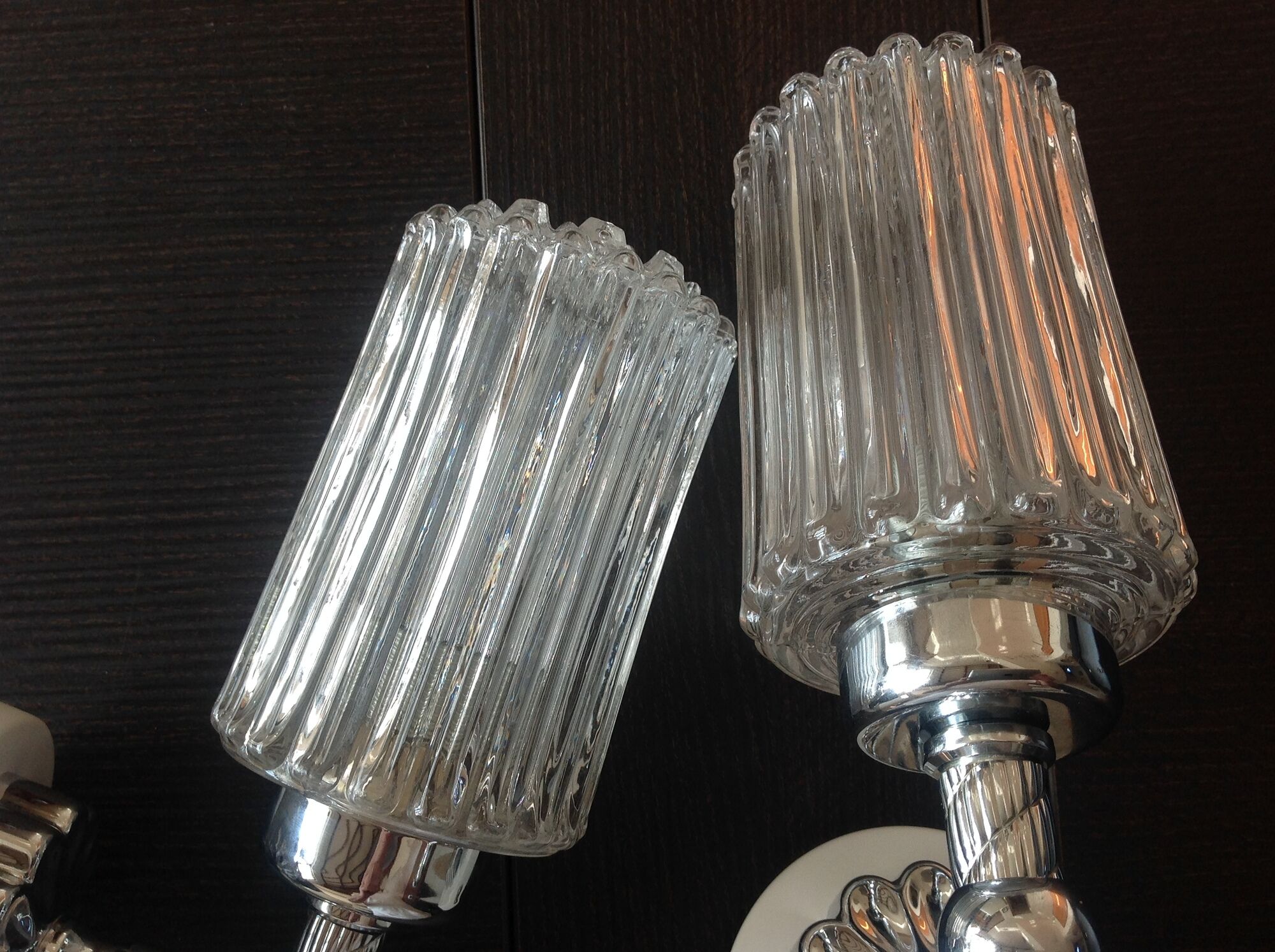 Pair of torch  in glass and chrome metal / vintage 70s wall light