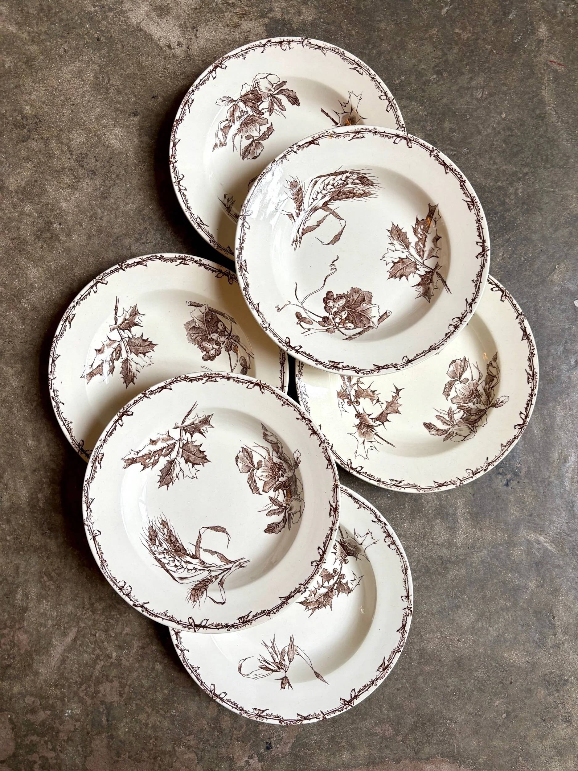 6 HB & Cie brown ironstone soup plates