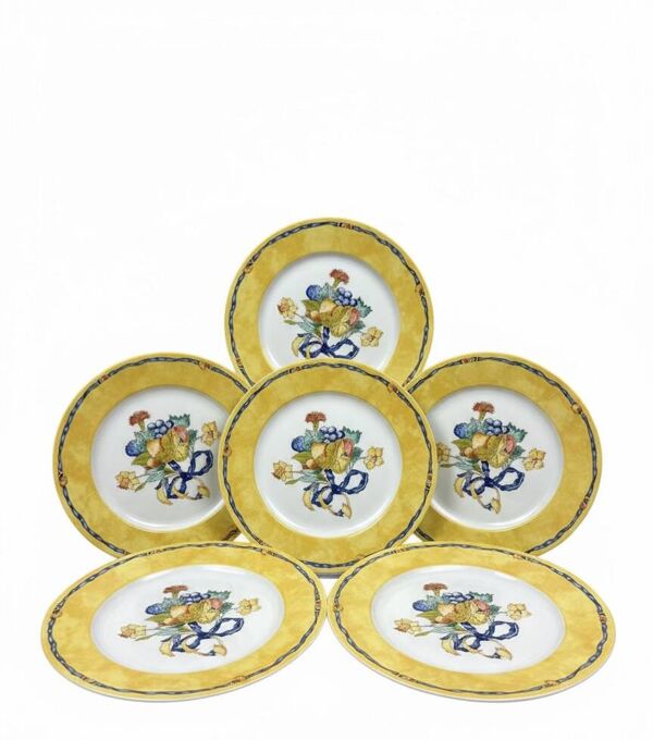 6 assiettes Bernardaud Limoges Borghese décor jaune fruits et ruban bleu