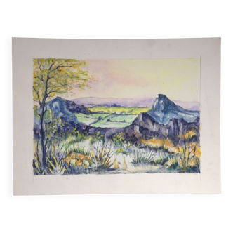 Watercolour depicting a landscape around Lake Guéry, Mont-Dore.