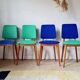 Series of velvet Scandinavian chairs - green and blue.