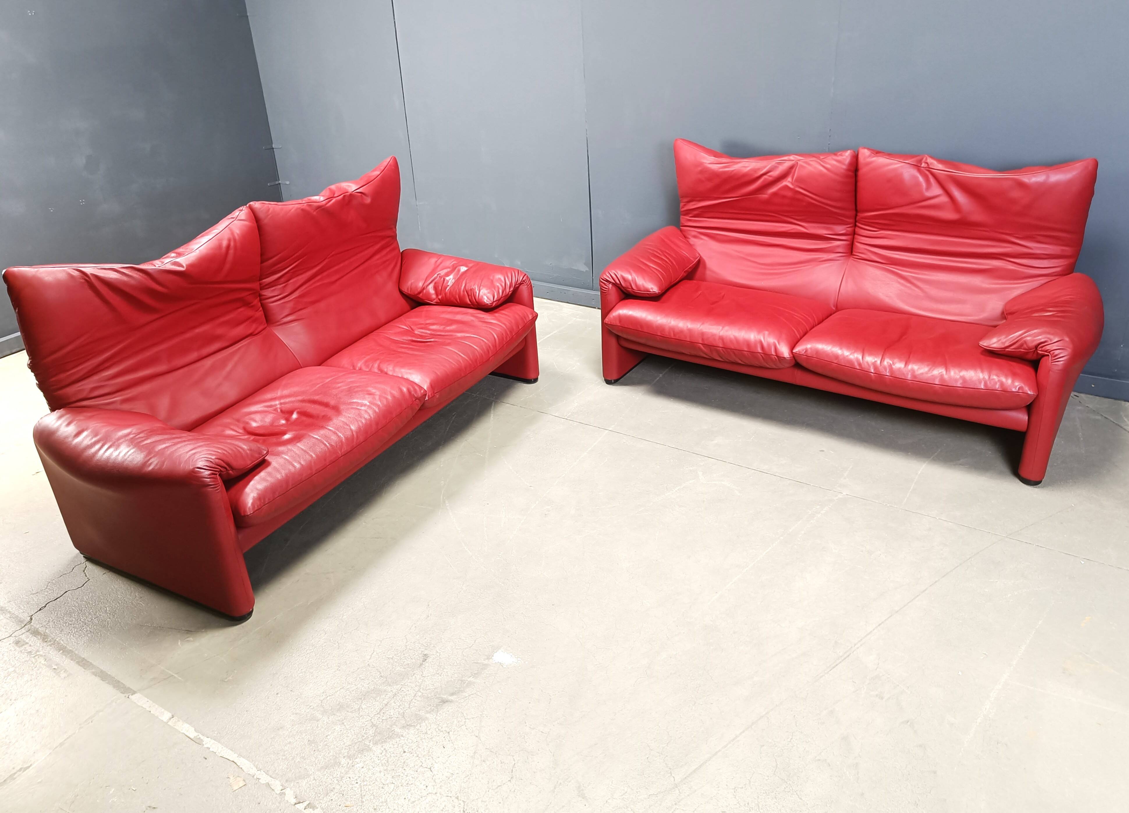 Leather Maralunga sofa set by Vico Magistretti for Cassina, 1980s