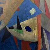 Oil on canvas by Jean Billecocq modern composition with roosters 1960