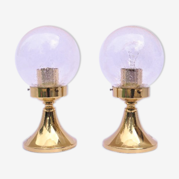 Pair of Sputnik glass globes and brass Tulip lamps, space age German table lamps