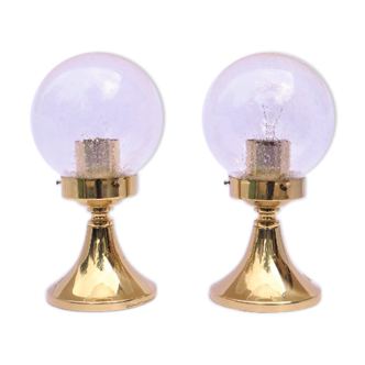 Pair of Sputnik glass globes and brass Tulip lamps, space age German table lamps