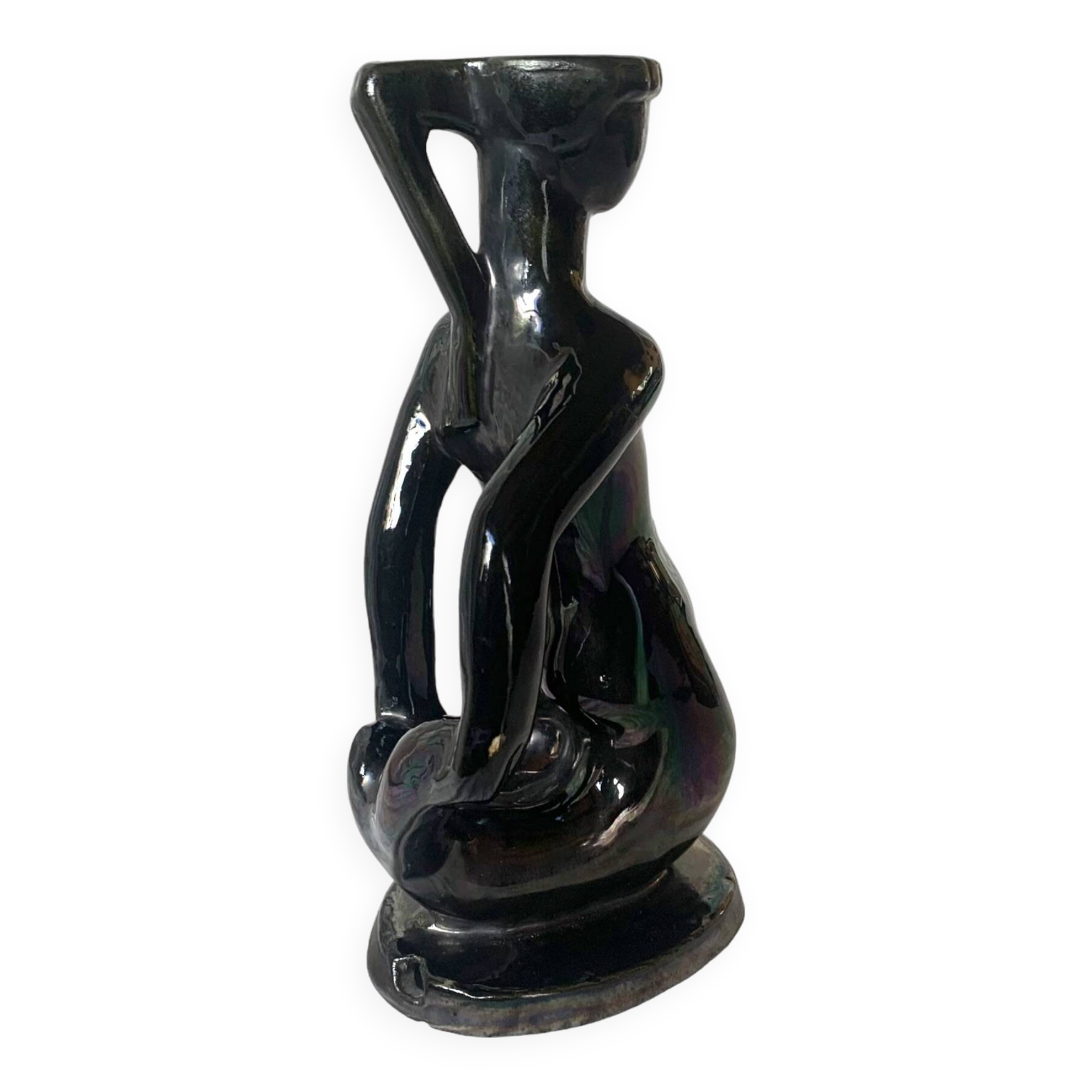 Old Vallauris soliflore vase in pearly black ceramic - female body