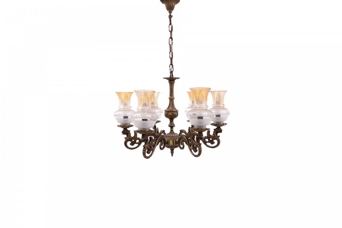 Six-arm brass chandelier from the early 20th century, Poland.