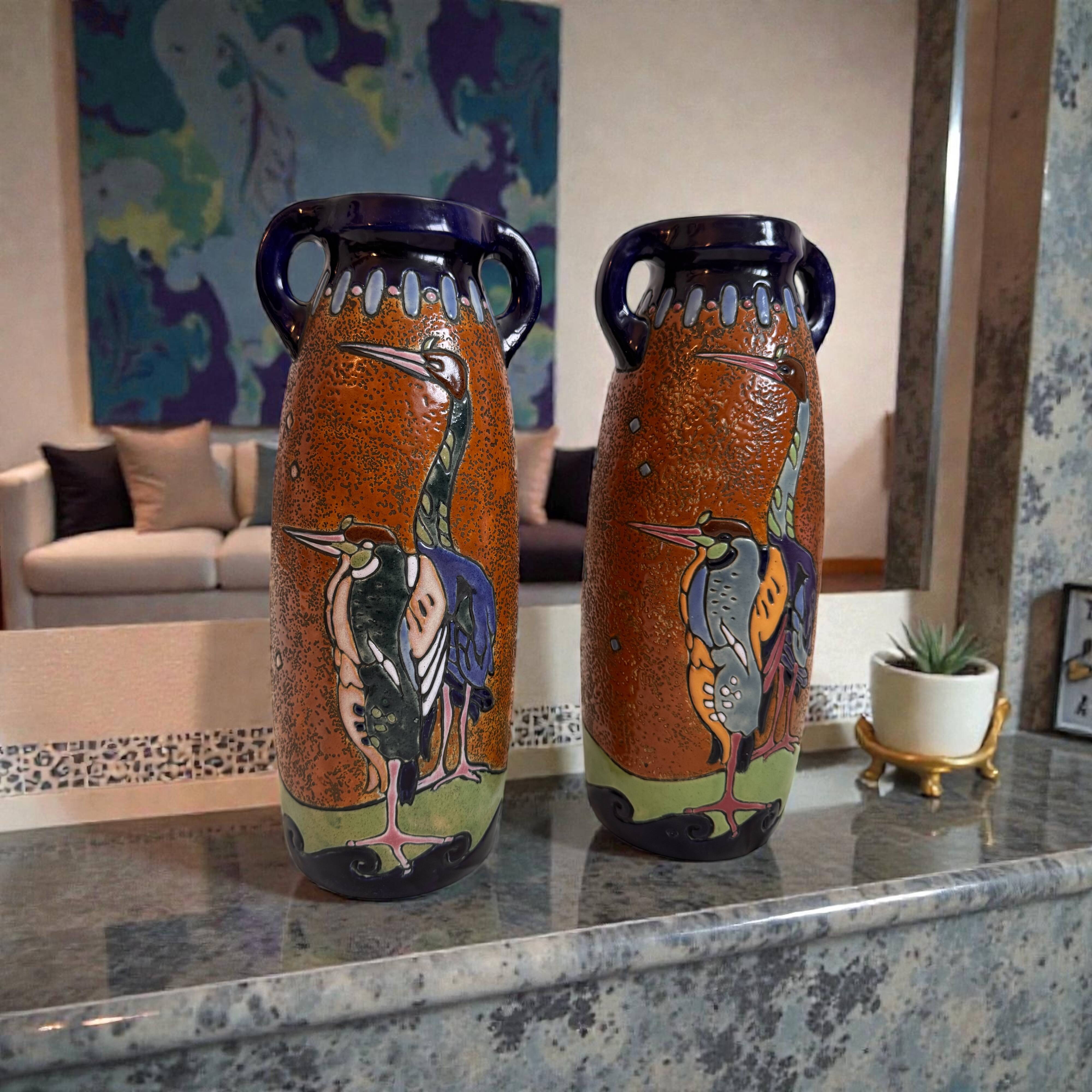 Pair of Art Deco Amphora Vases – Bohemia 1920s – Birds – 38 cm