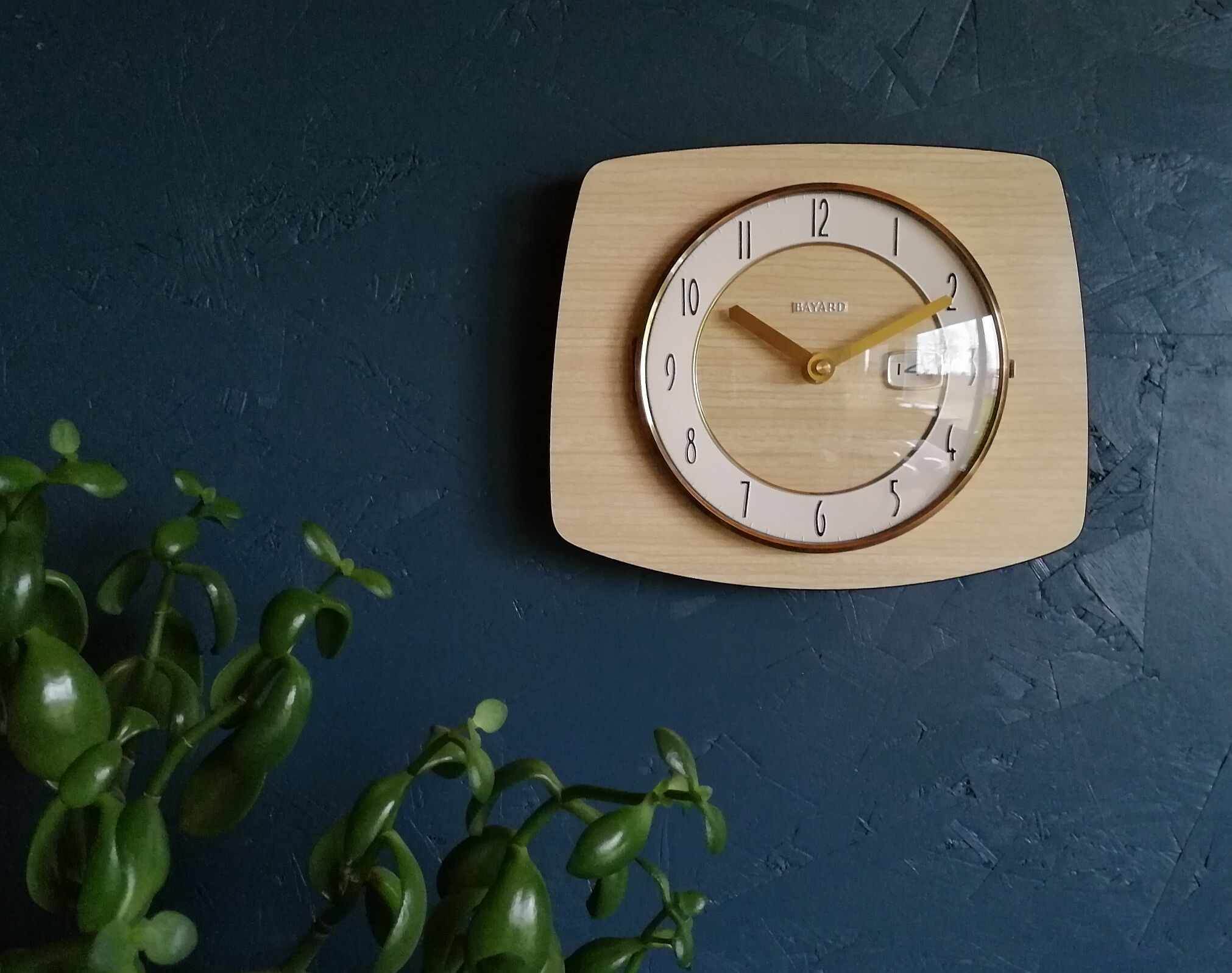 Vintage clock formica silent rectangular wall clock "bayard beige wood"