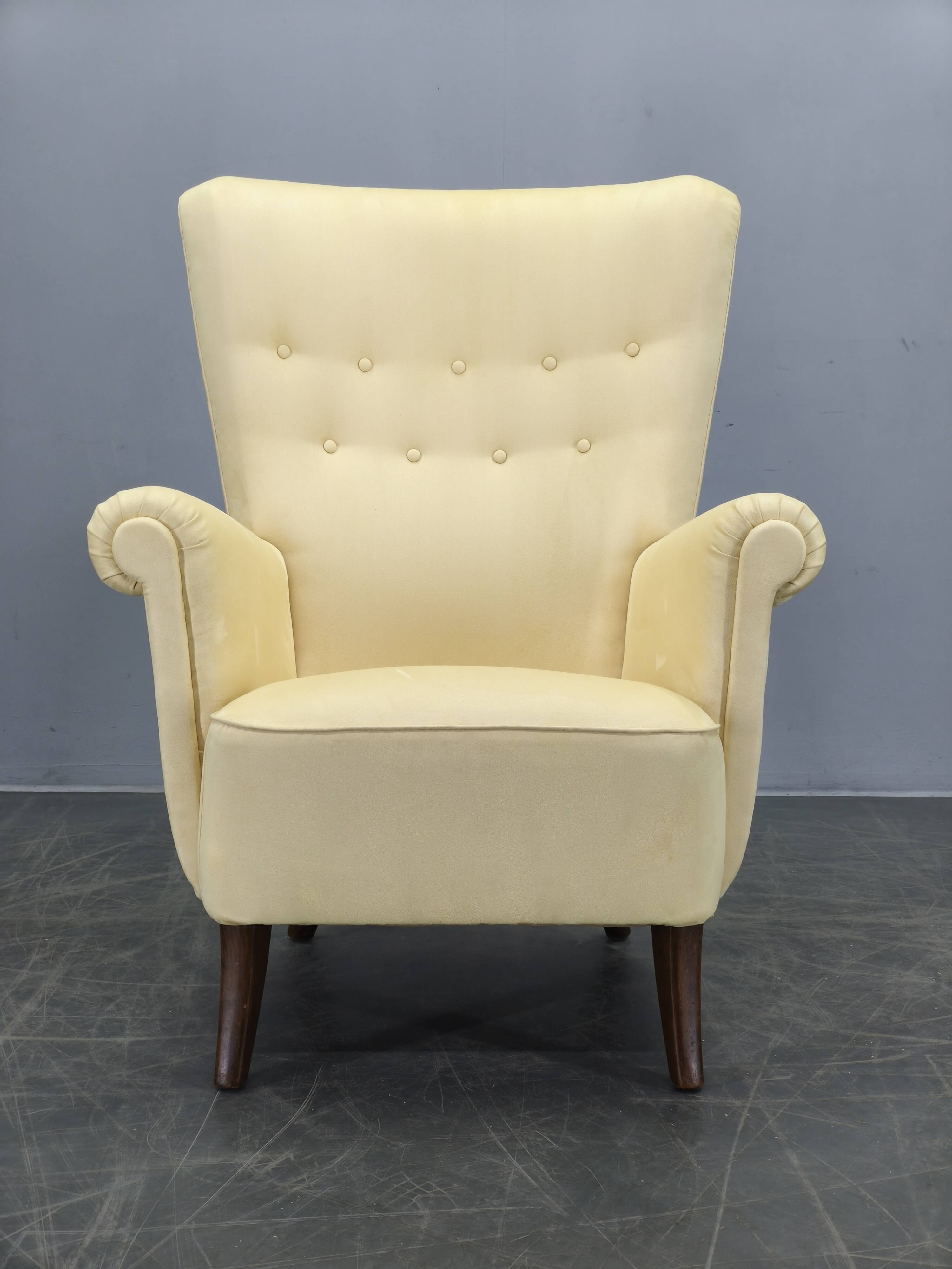1950s Danish High Back Wing Lounge Chair Newly Reupholstered