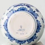 Pair of Royal Delft blue and white ceramic table lamps with new vermilion silk shades.