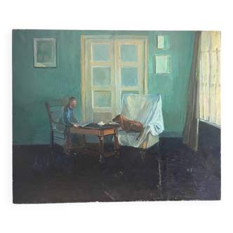 "Face to face with my dog", original oil on canvas