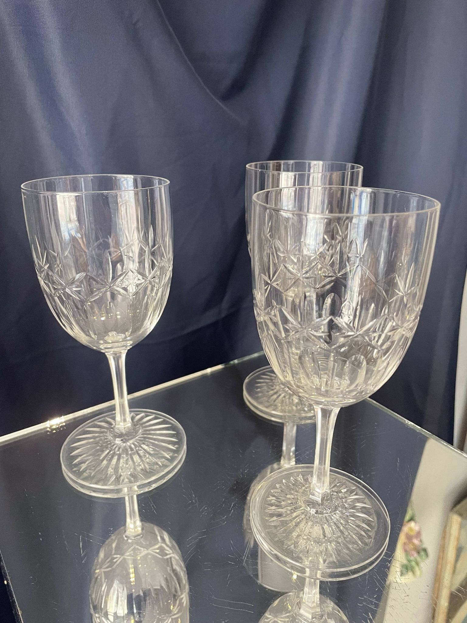 Set of 3 cut crystal water or wine glasses