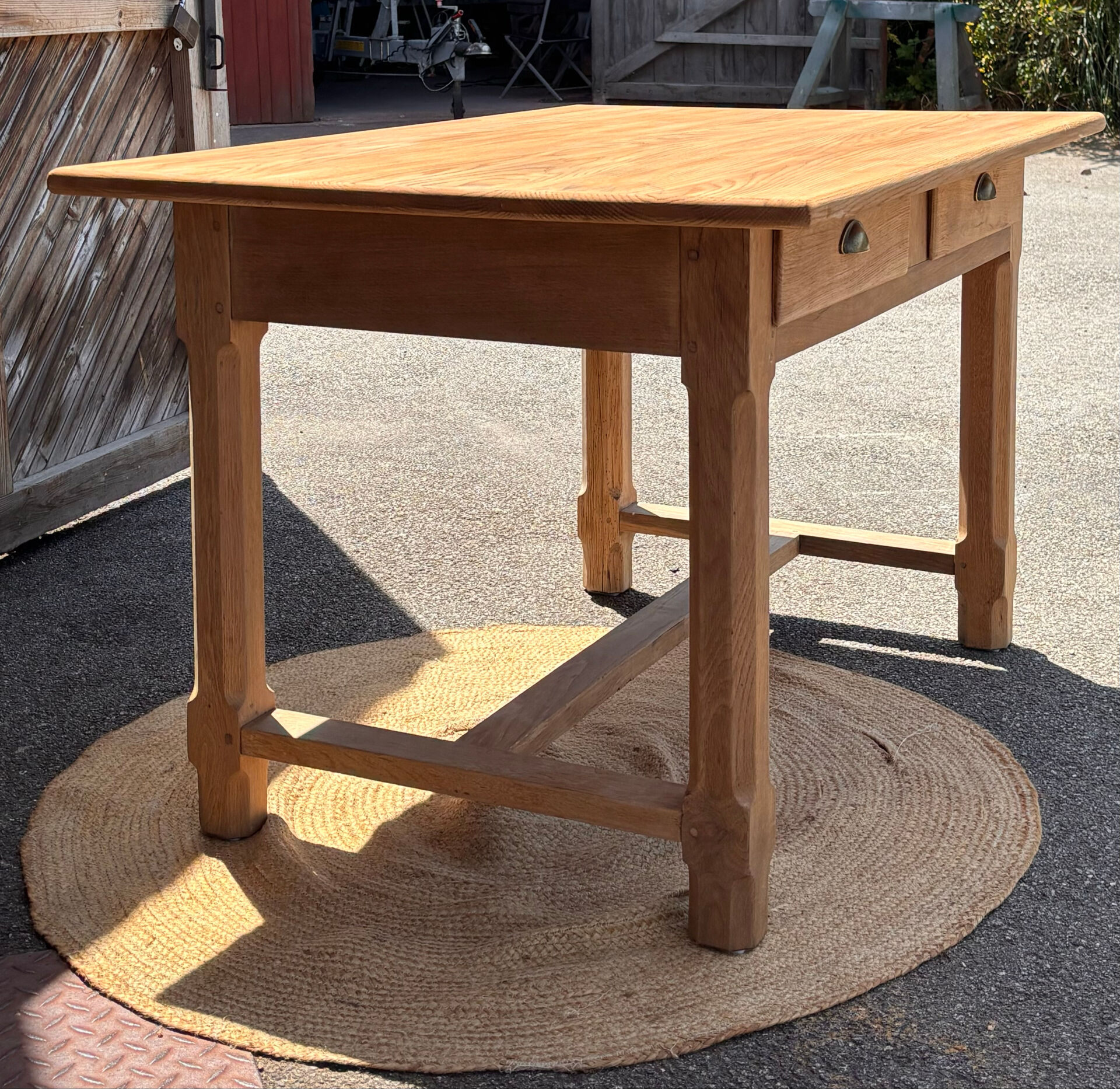Old farmhouse table in raw solid oak with 2 drawers.