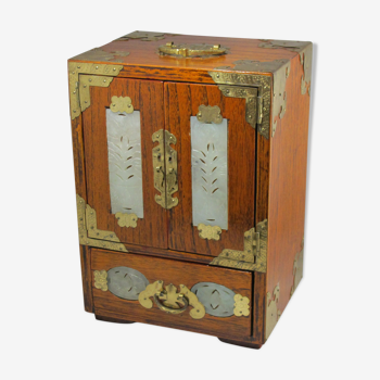 Large Chinese wooden jewelry box adorned with jade plates