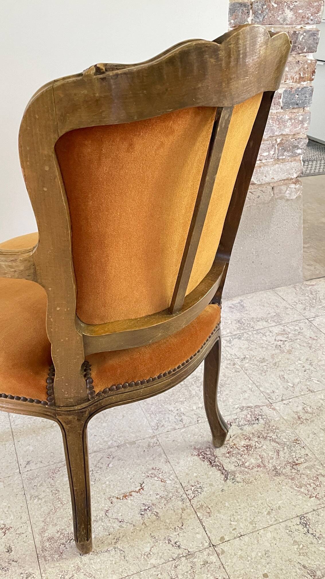 Vintage French Curry Velvet Cabriolet Armchair