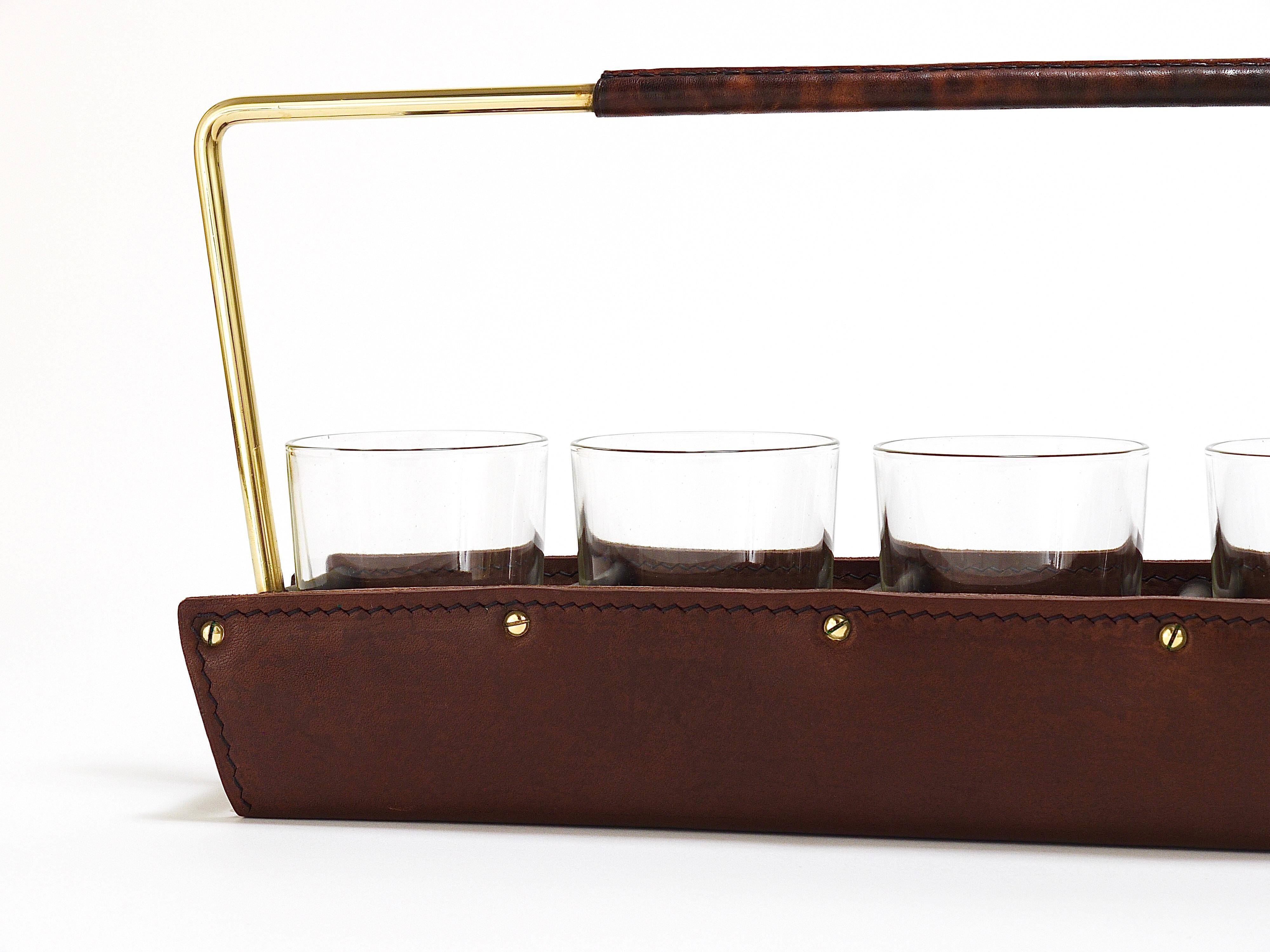 Carl Auböck II drinking glass holder, leather and brass, Austria 1950s