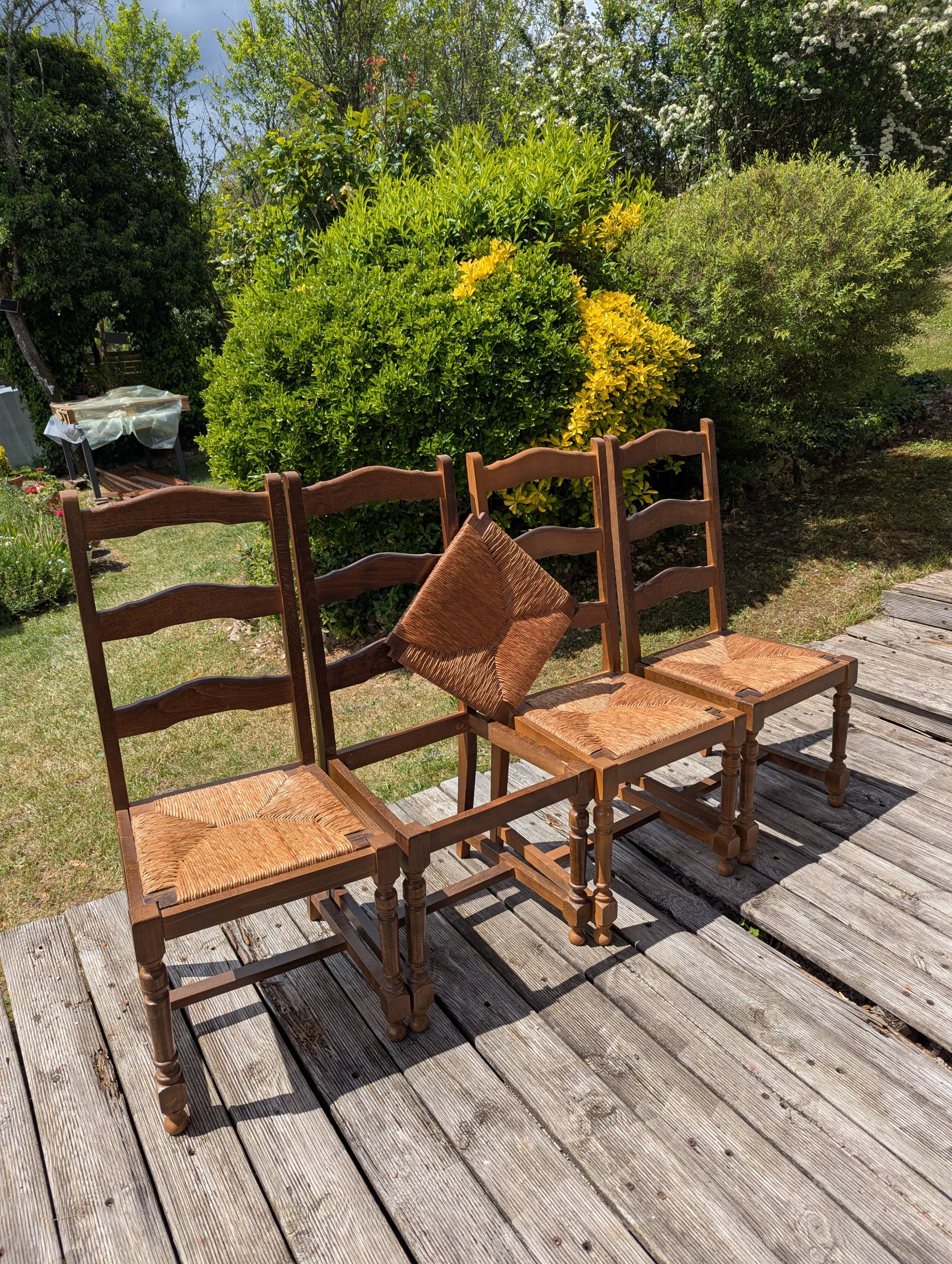 4 rustic solid wood chairs with straw seats in country style