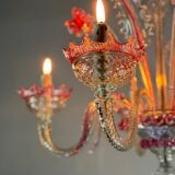 Venetian chandelier in colorless and red Murano glass, 5 light arms, circa 1950
