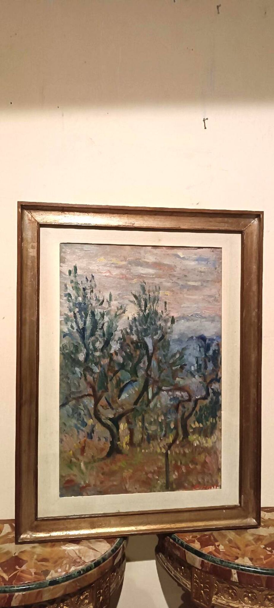 Oil painting on canvas, landscape, trees, Christine Oswalt, fishermen